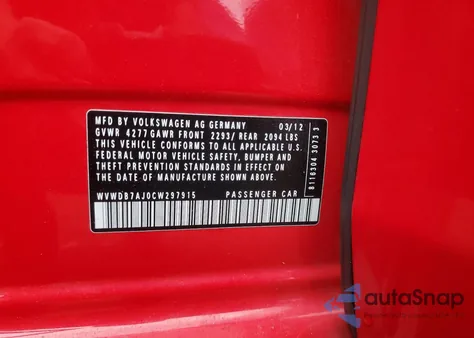 2012 Volkswagen Golf z USA, uszkodzony, nr VIN WVWDB7AJ0CW297915